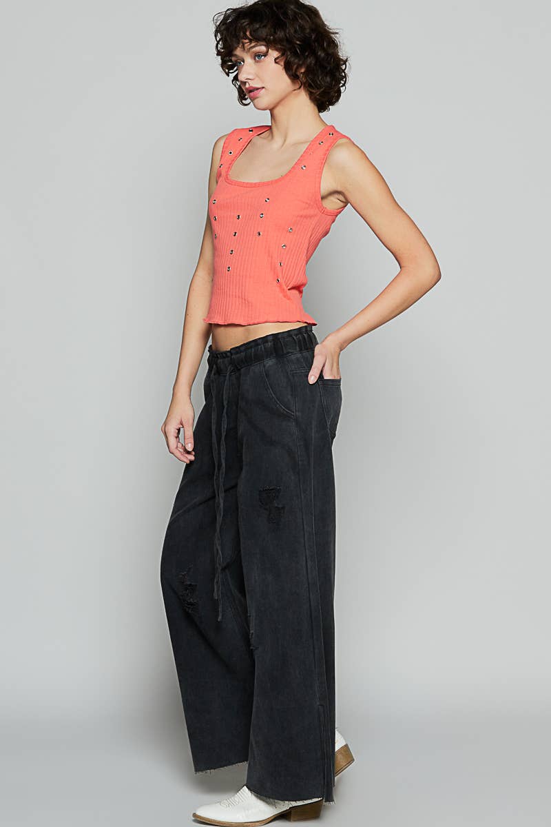 Wide leg drawstring elastic waist distressed denim pants