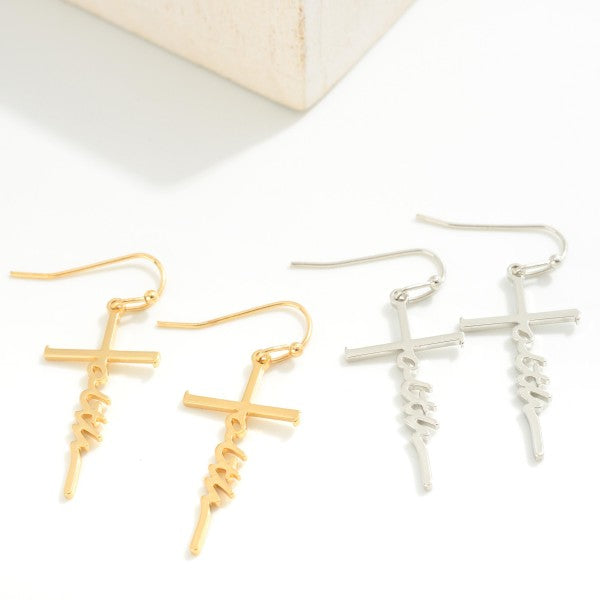 269329 Metal "Faith" Cross Drop Earrings