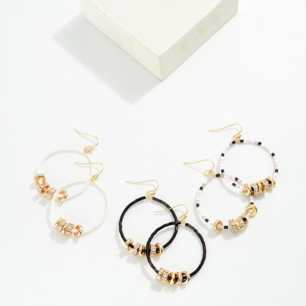 280932 Seed Beaded Hoop Drop Earring Featuring Gold Tone Rhinestone Studded Discs