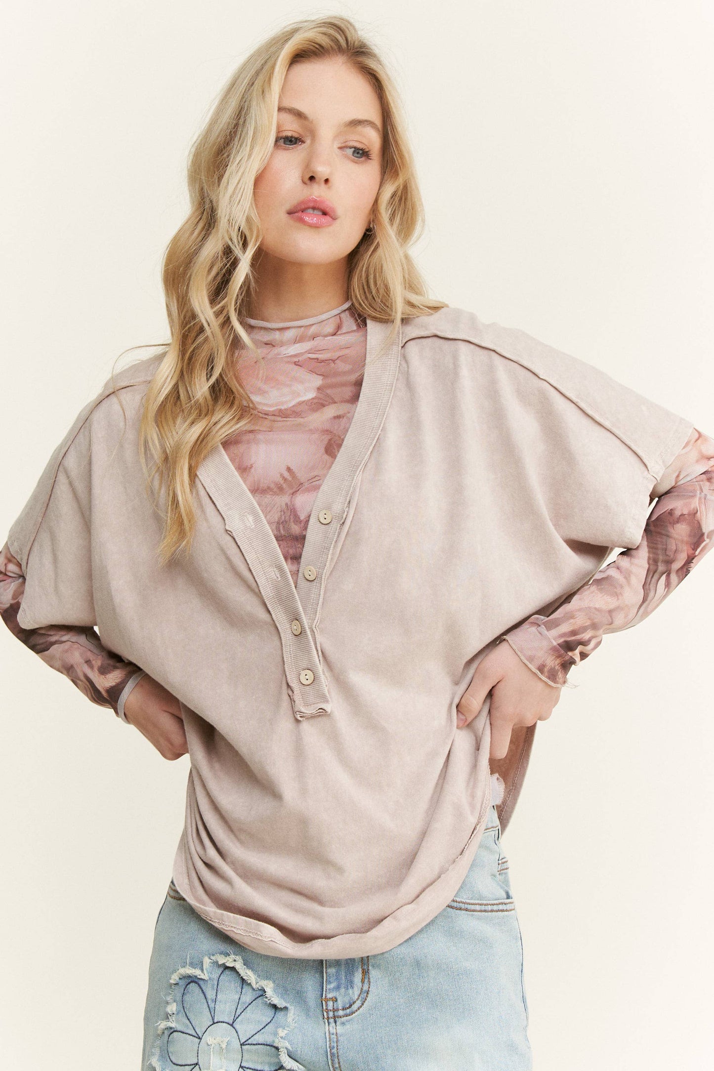 Flower Print Lace Mesh Long Sleeve Layering top HT6578