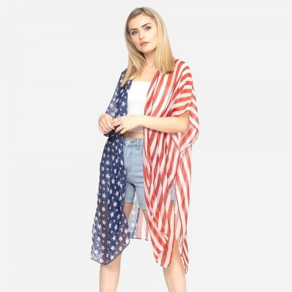 Women's lightweight sheer half and half patriotic kimono