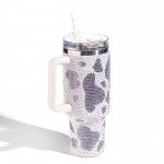Lilac Rhinestone Cow Print 40oz Double Wall Stainless Steel Vacuum Tumbler With Handle