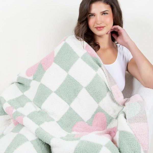 Super Soft Checker Flower Print Brushed Poly Microfiber Throw Blanket