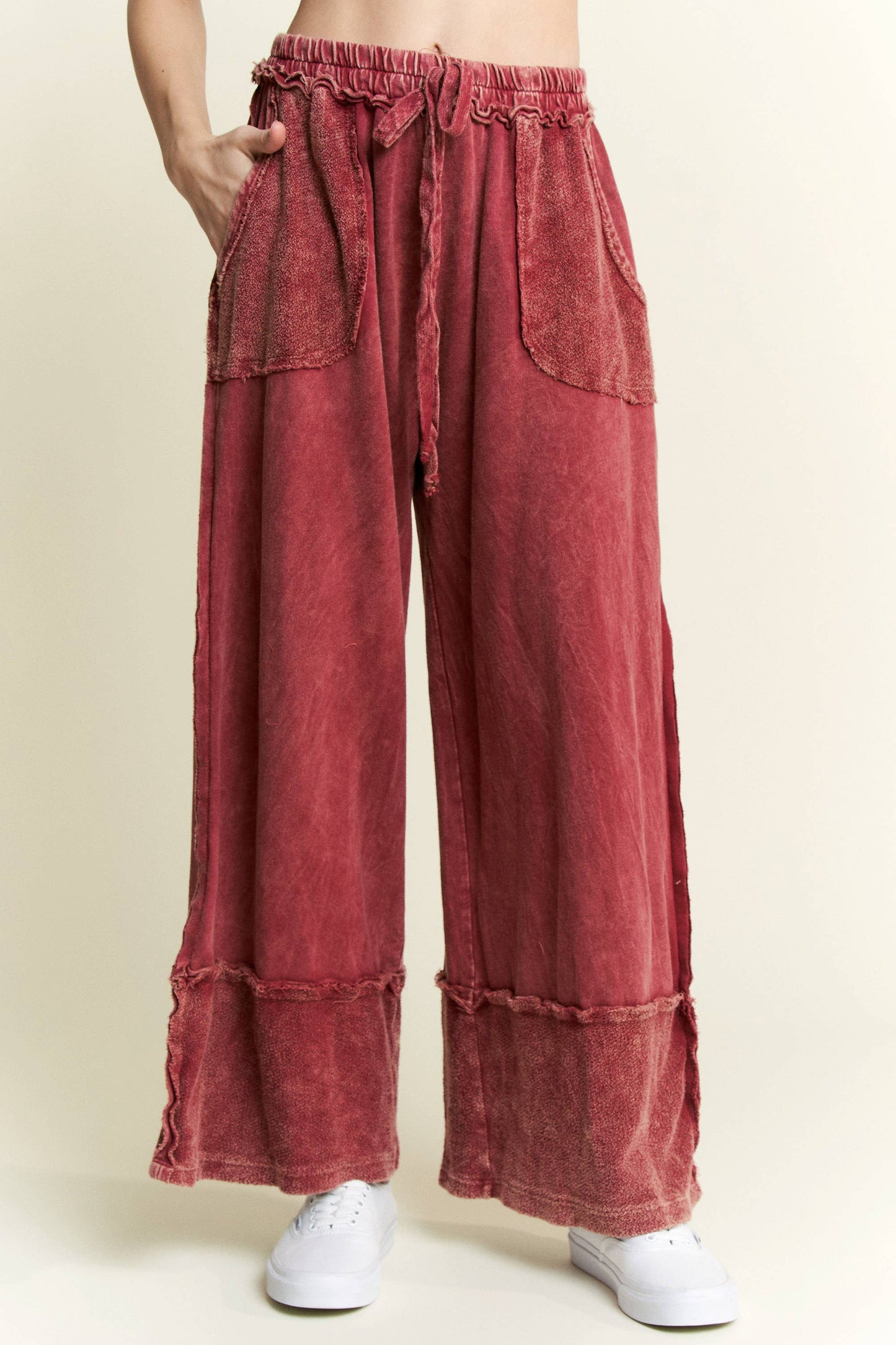 Mineral Wash Wide Pants with raw hem frayed details HP5536