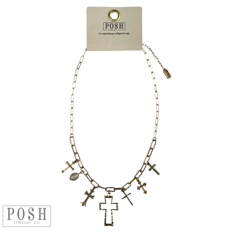 Charm necklace with rhinestone crosses, gold crosses and pearls