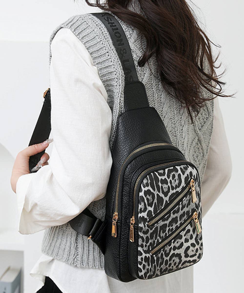 LEOPARD DOUBLE ZIPPER CROSSBODY SLING BAG