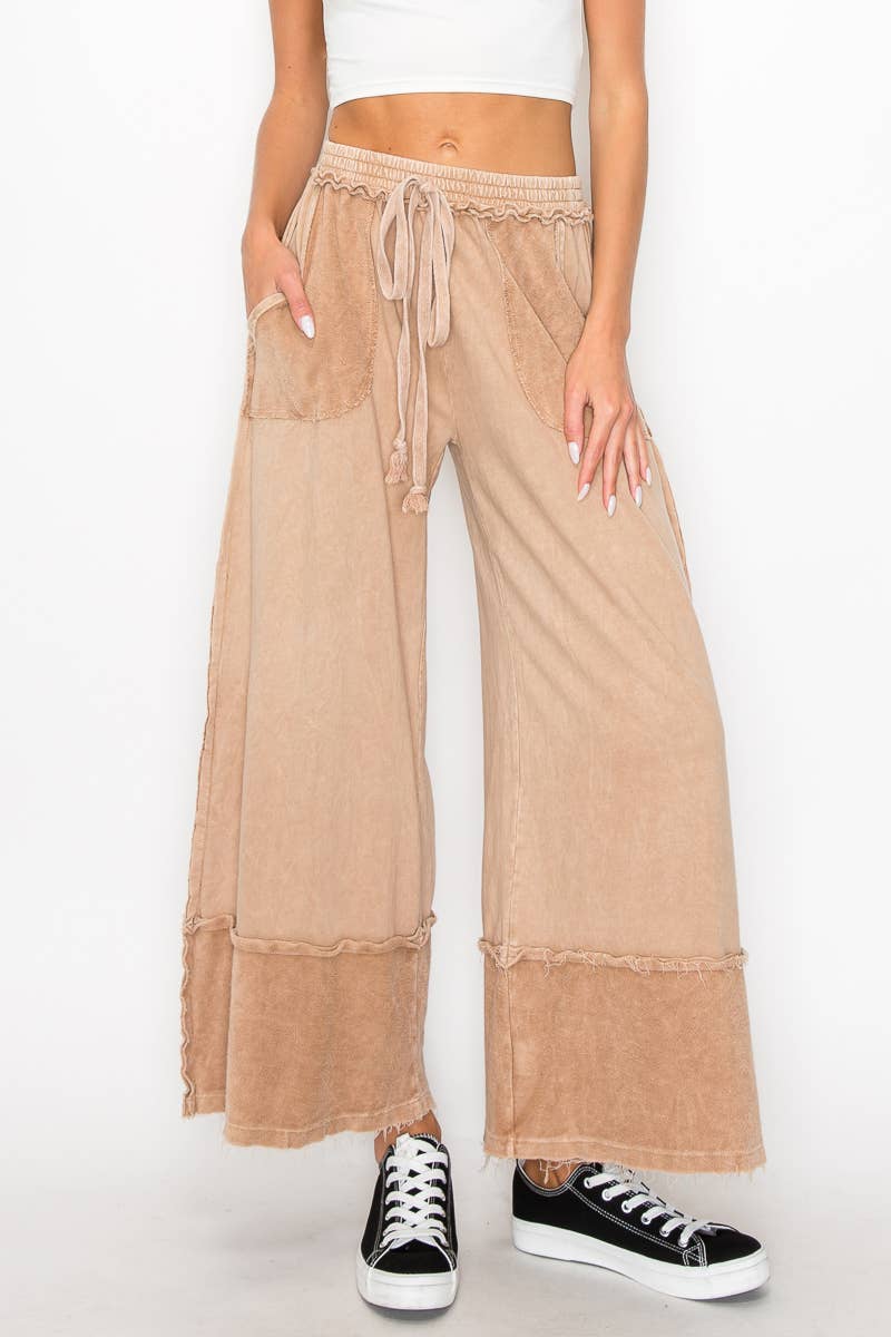 Mineral Wash Wide Pants with raw hem frayed details HP5536