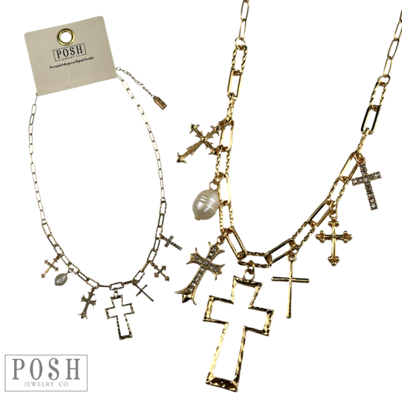 Charm necklace with rhinestone crosses, gold crosses and pearls
