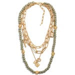 Grey Layered Chain Link Necklace Featuring Wooden Beads And Charms