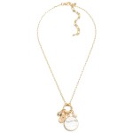 White Short Gold Tone Chain Link Necklace Featuring Natural Stone Pendant and Pearl and Rhinestone Charms - Approximately 15" Long - Extender Approximately 3" Long