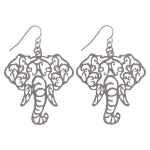 Silver tone fishhook earrings featuring a cutout elephant head
