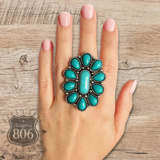 Turquoise color oval flower ring - LC