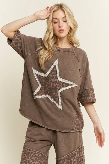 Mineral Washed Leopard Star Half sleeve top HT6628