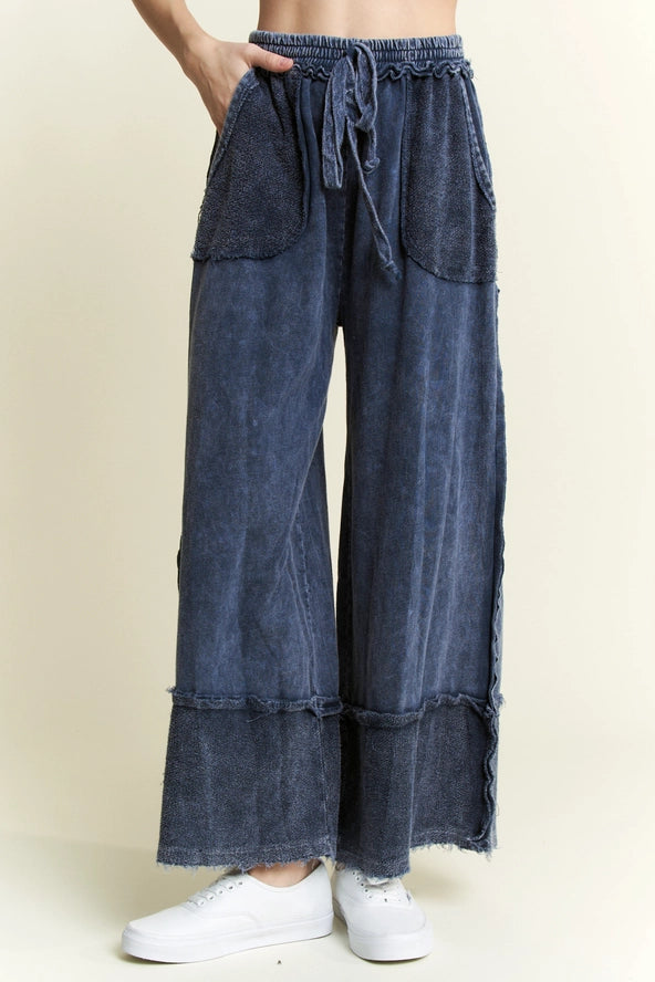 Mineral Wash Wide Pants with raw hem frayed details JHer