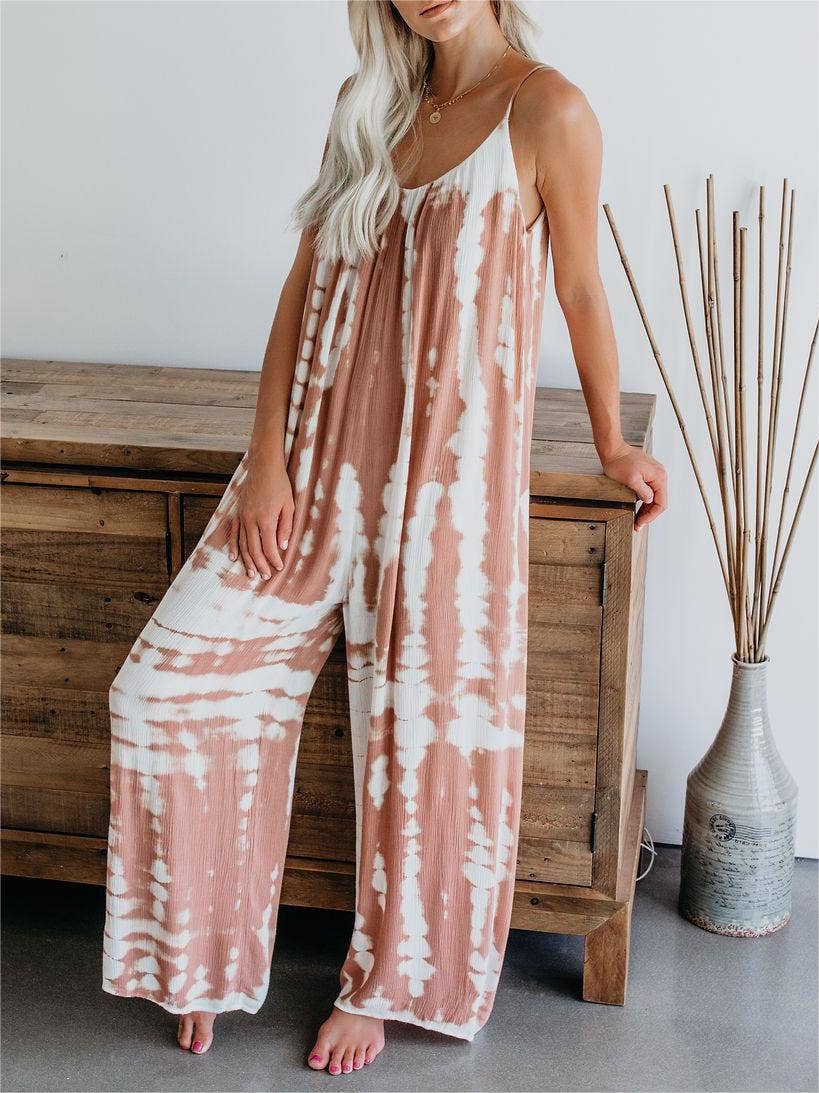 Pink / M Summer suspender wide-leg pants women print bib jumpsuit: