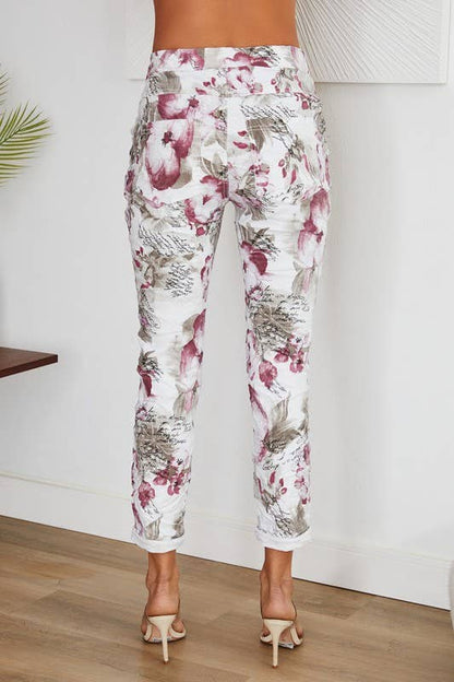 Cursive Lettering Floral Print Crinkle Joggers
