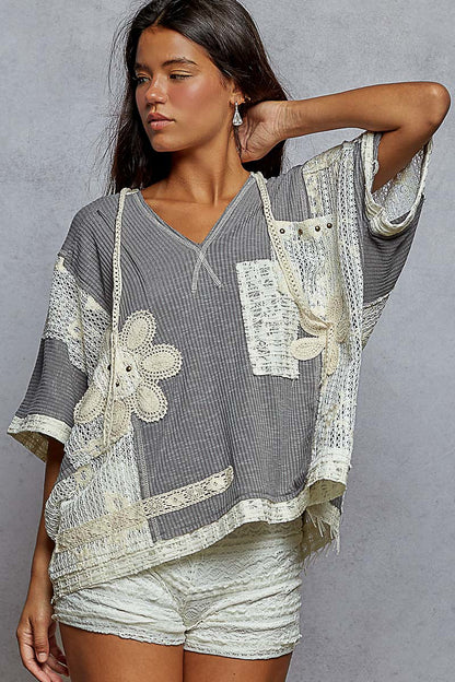 V-neck hoodie, short sleeve relaxed fit top shirt POL