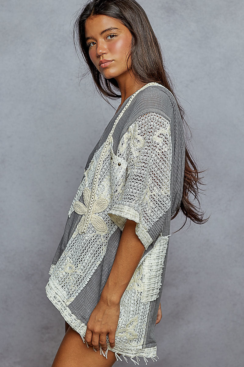 V-neck hoodie, short sleeve relaxed fit top shirt POL