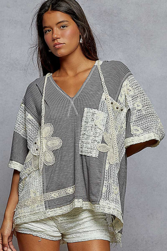 V-neck hoodie, short sleeve relaxed fit top shirt POL