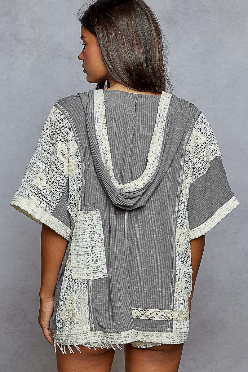 V-neck hoodie, short sleeve relaxed fit top shirt POL