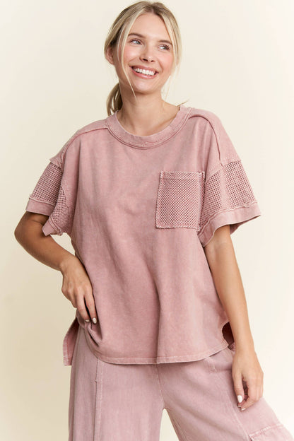 Mineral Wash Mesh Pocket Sleeve top HT5649
