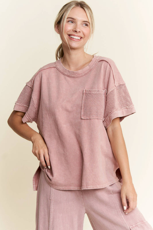 Mineral Wash Mesh Pocket Sleeve top HT5649