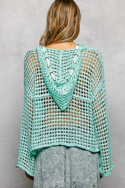 V-neck long sleeve regular fit hoodie thin sweater top POL