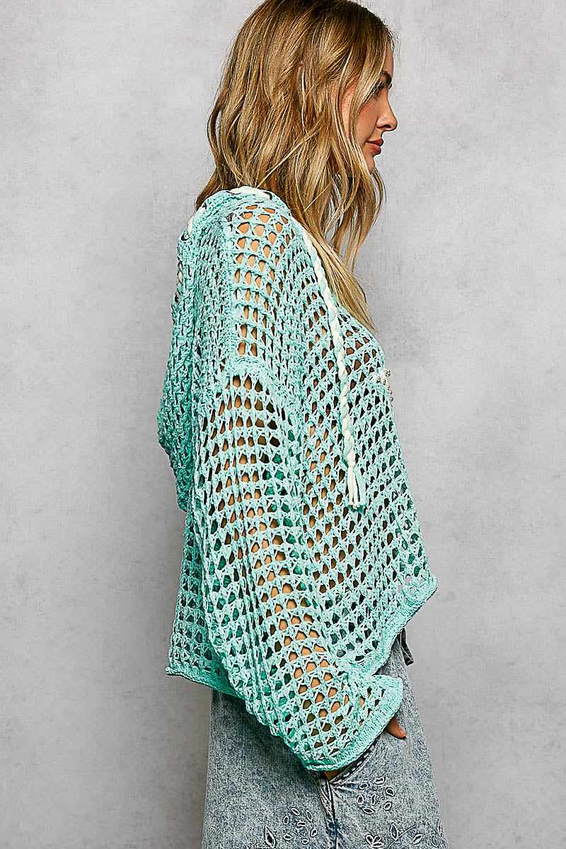 V-neck long sleeve regular fit hoodie thin sweater top POL