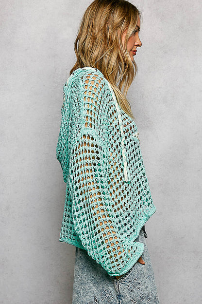 V-neck long sleeve regular fit hoodie thin sweater top POL