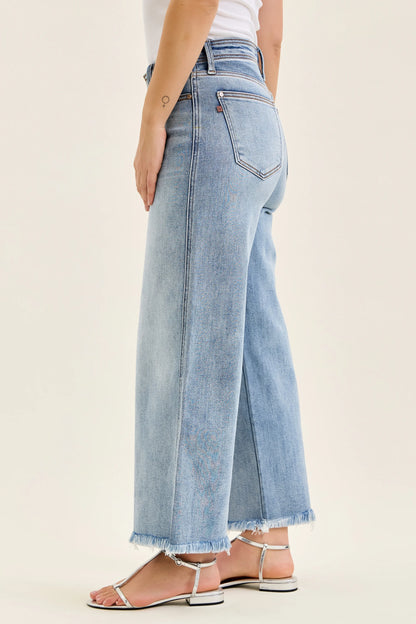Judy Blue 82728 MR Ankle Wide Leg + Hollywood Waistband + Fray Hem Jeans