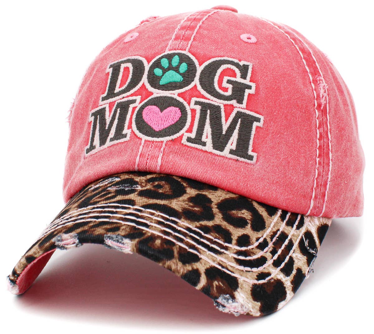 Dog Mom Leopard Washed Vintage Ballcap: BLK