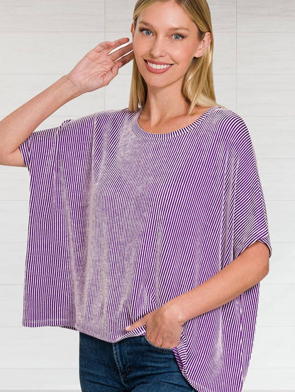 L/XL Ribbed Pin-striped Oversized Top: VIOLET-158644 /