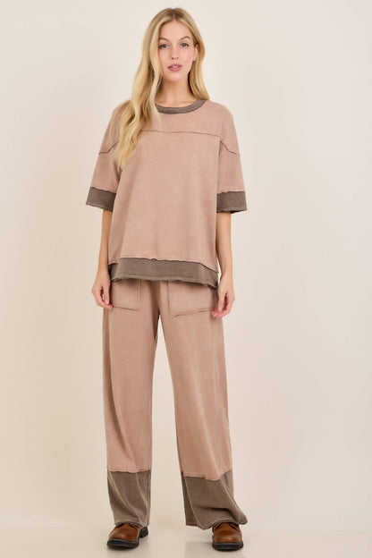 Mineral Washed Contrast Block Terry Pants HP7541