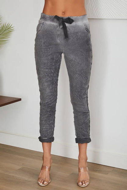 Stonewashed Ribbon Side Stripe Drawstring Crinkle Joggers
