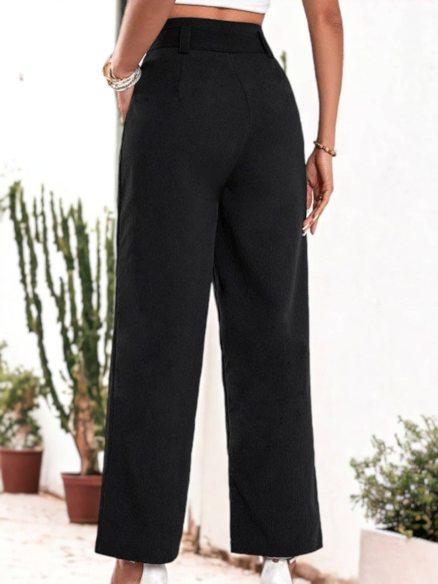 Ribbon Belted Commuting Style High Waist Wide Leg Pants