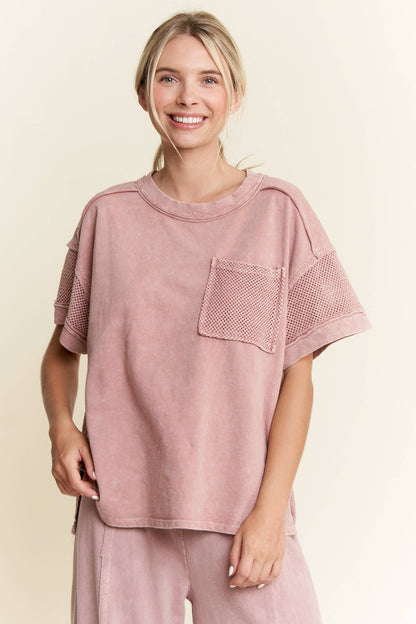 Mineral Wash Mesh Pocket Sleeve top HT5649