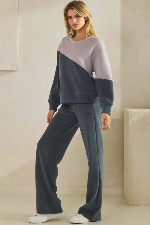 Womens Asymmetrical Two Tone Top Corduroy Sweatshirt