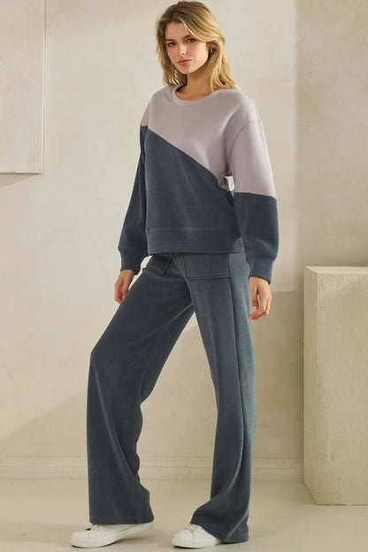 Womens Asymmetrical Two Tone Top Corduroy Sweatshirt