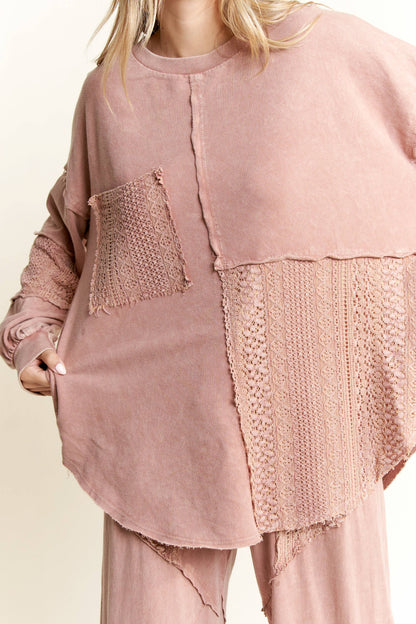 Mineral Wash Lace detailed Long Sleeve sweatshirt HT6027