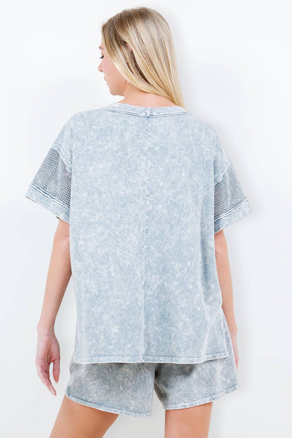 Mineral Wash Mesh Pocket Sleeve top HT5649