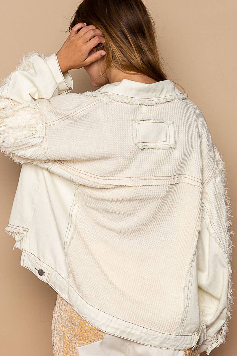 Collared button down frayed textures chest pocket jacket: M / CREAM