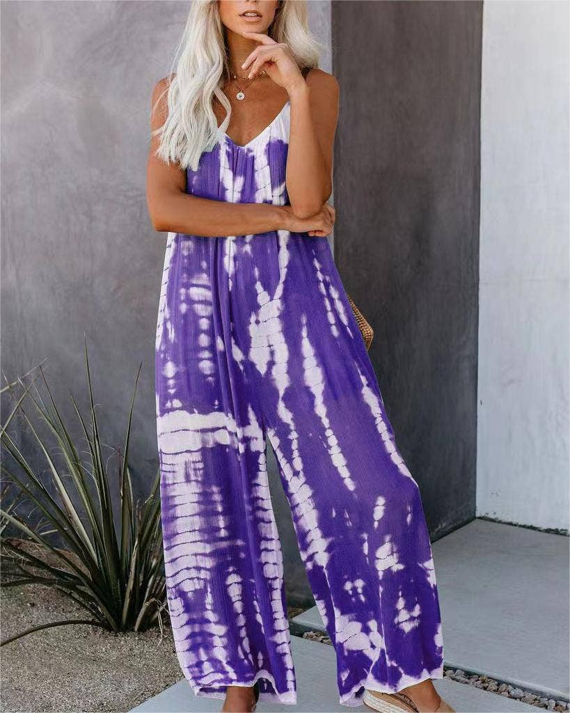 Pink / M Summer suspender wide-leg pants women print bib jumpsuit: