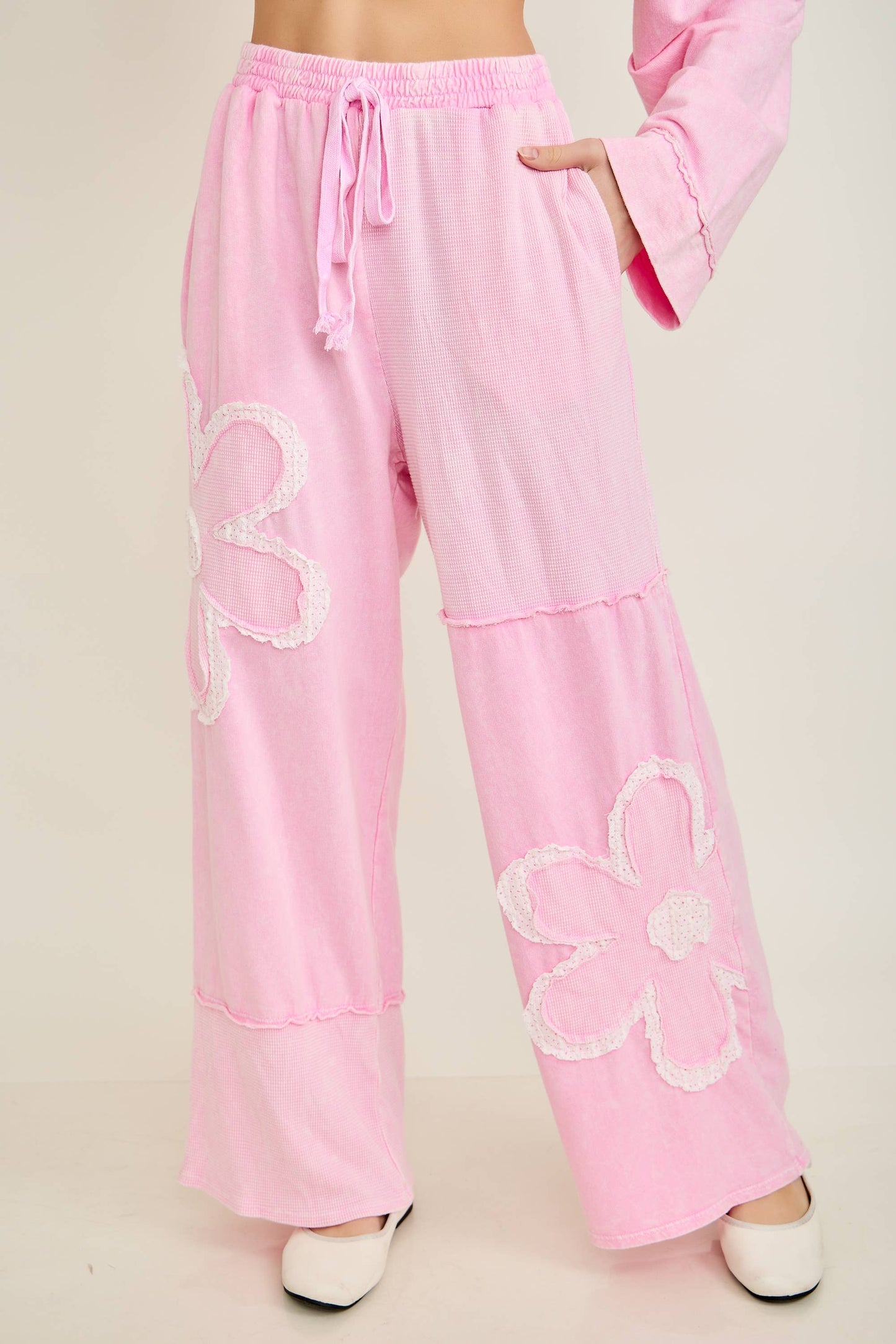 Mineral Washed Half cut Daisy terry thermal Pants HP6809