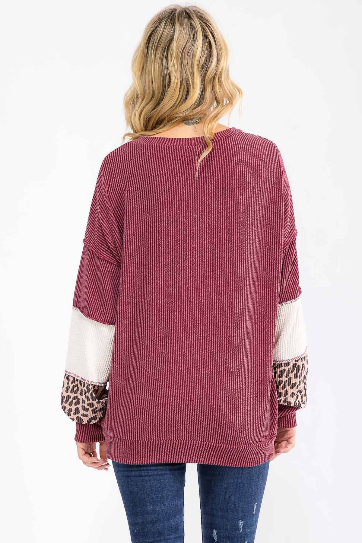 Leopard Patchwork Color Block Rib Knit Pullover Top T6089