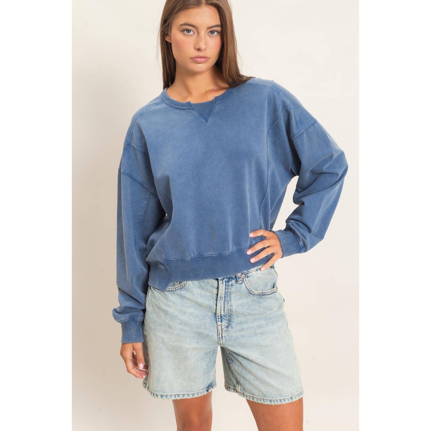 Acid Wash Seam Detail Crew Neck Sweatshirt DZ26A655