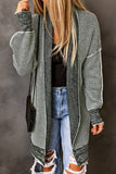 Gray Plaid Knitted Long Open Front Cardigan: Gray / M / 65%Acrylic+35%Polyester