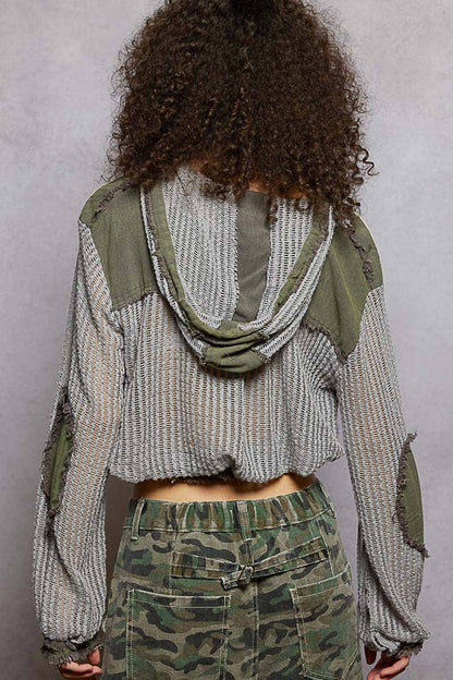Open Knit Button Down Pocket Front Hooded Shirt Top