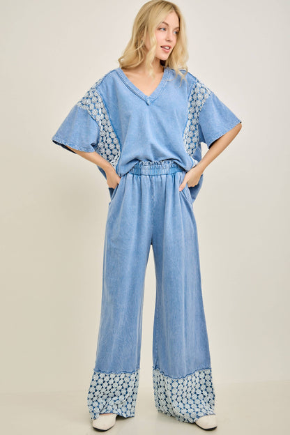 Mineral Washed Flower Daisy V-neck Shirt top HT6747