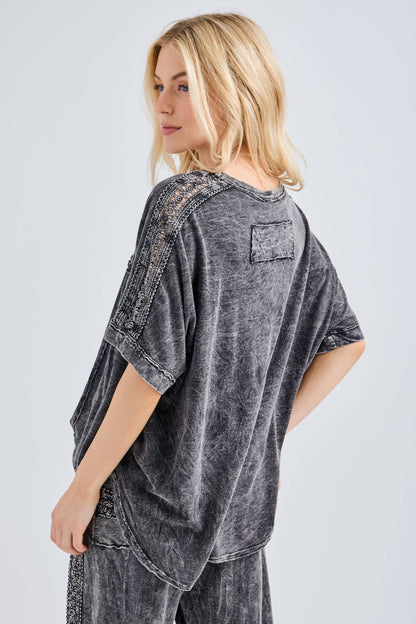 Mineral Washed Relaxed Fit Tee with Crochet Detail HT6312 Shirt