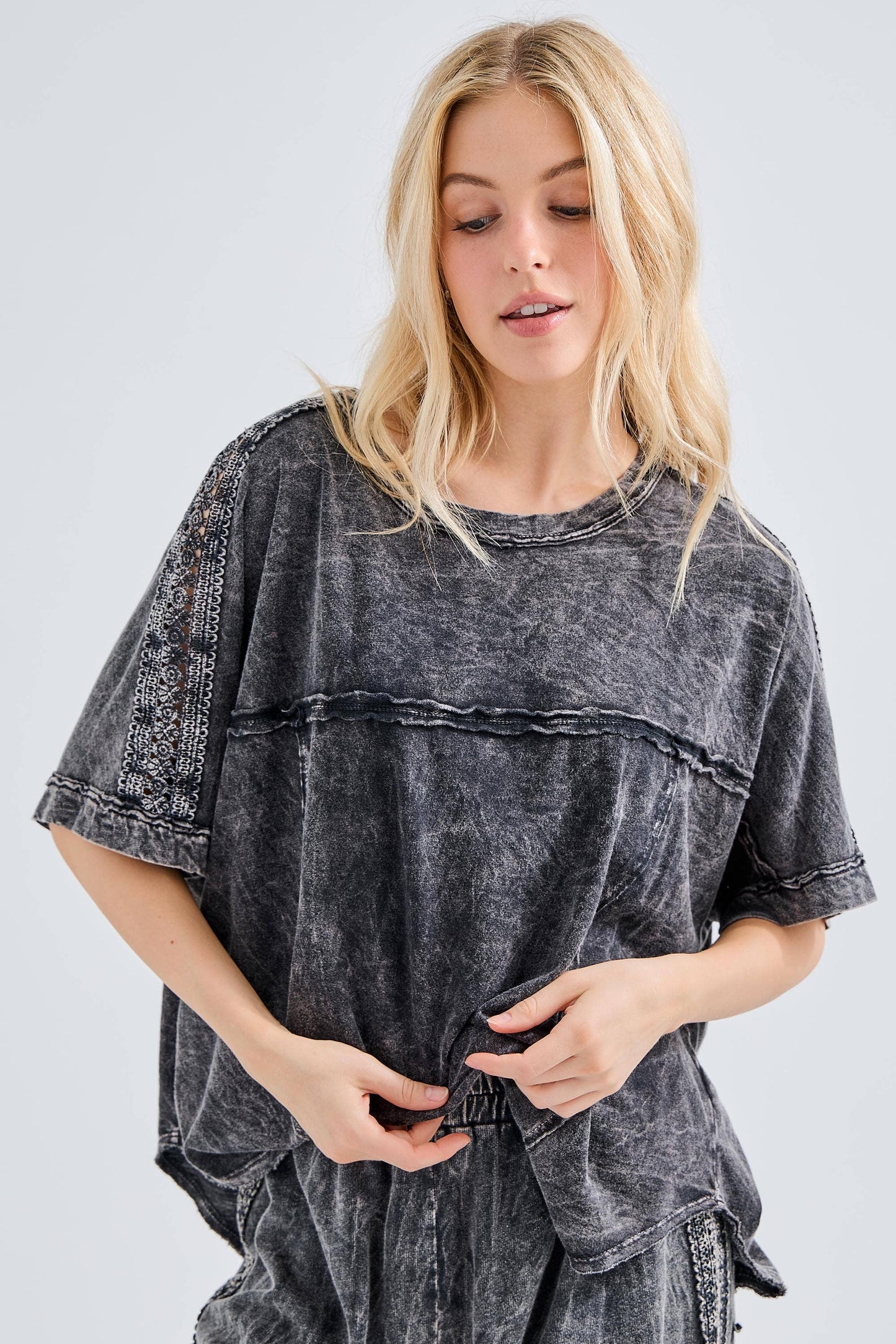 Mineral Washed Relaxed Fit Tee with Crochet Detail HT6312 Shirt